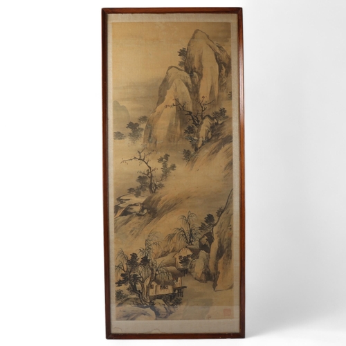 200 - A Chinese watercolour scroll painting, depicting mountain landscape, framed, overall frame dimension... 