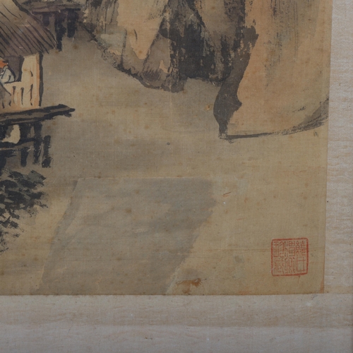 200 - A Chinese watercolour scroll painting, depicting mountain landscape, framed, overall frame dimension... 