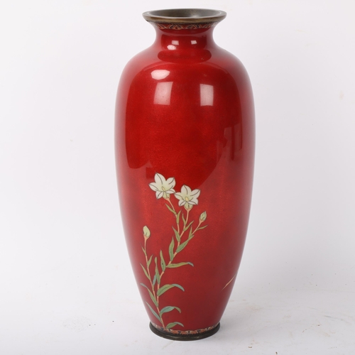 209 - A Chinese cloisonne enamel red ground vase, height 30cm