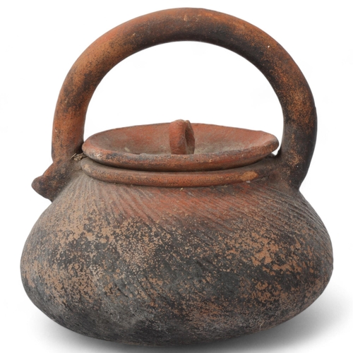 212 - Antique Chinese/Japanese unglazed terracotta kettle, body with incised decoration, possibly circa 13... 