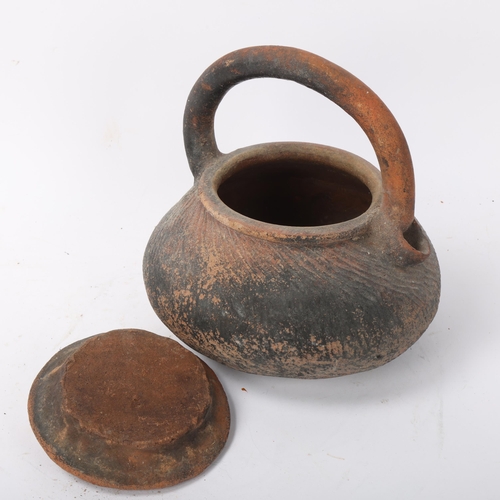 212 - Antique Chinese/Japanese unglazed terracotta kettle, body with incised decoration, possibly circa 13... 