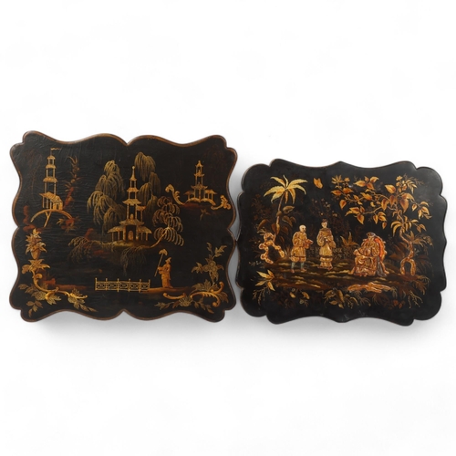 214 - 2 x 19th century chinoiserie papier mache screens, length 40cm and 38cm