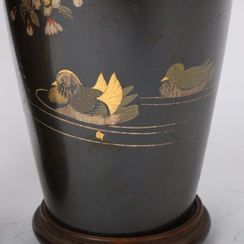 220 - A pair of Japanese inlaid and patinated bronze vases, decorated with ducks and blossom trees, height... 