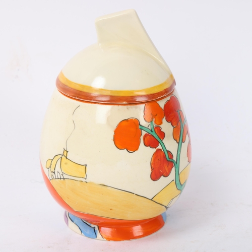 232 - CLARICE CLIFF - Bonjour pattern preserve pot and cover, height 12cm, restored