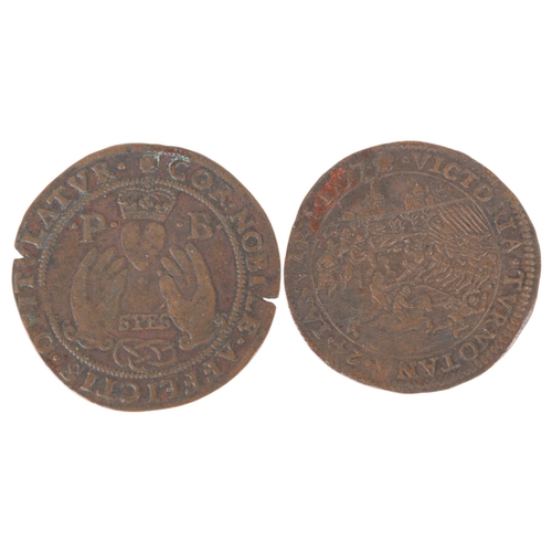 24 - 2 Dutch 16th century copper coins, 1586 medal and Spanish Nederlands 1597 Victory at Turnhout, diame... 