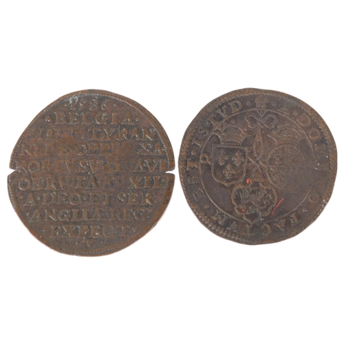 24 - 2 Dutch 16th century copper coins, 1586 medal and Spanish Nederlands 1597 Victory at Turnhout, diame... 