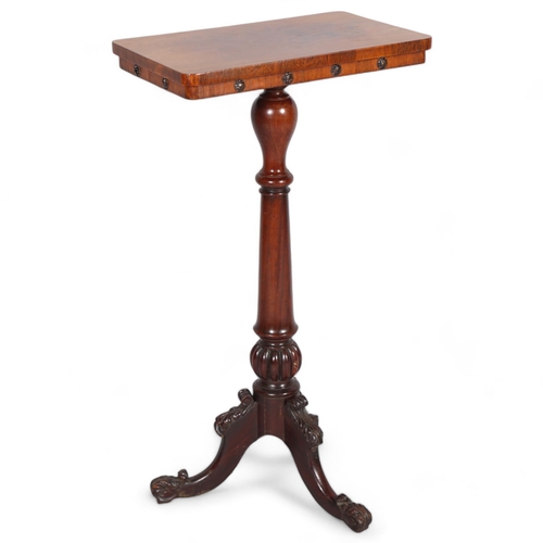 294 - A 19th century rosewood table on carved tripod base, 42cm x 27cm, height 77cm