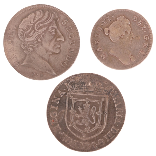 37 - 3 British silver coins, Mary II Rose farthing circa 1689, James I Scottish circa 1618, Charles II co... 