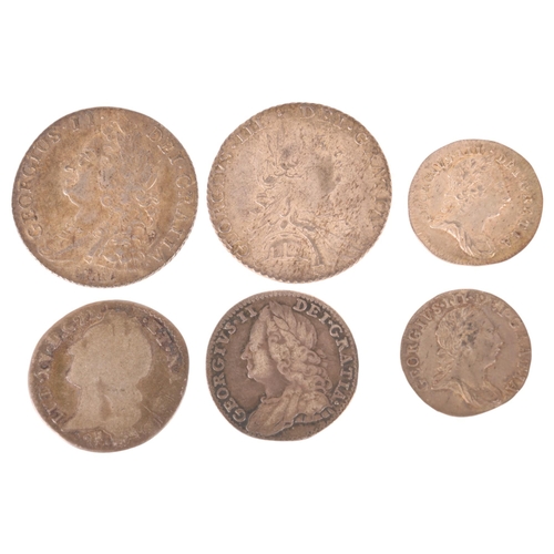 41 - A George II silver 1745 shilling and 1758 Sixpence, a George III 1787 Shilling, 1772 3d, 1784 3d and... 