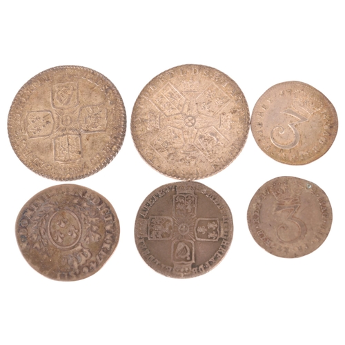 41 - A George II silver 1745 shilling and 1758 Sixpence, a George III 1787 Shilling, 1772 3d, 1784 3d and... 