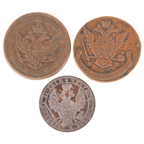 42 - 3 Russian Imperial coins, 1803 5 Kopeks copper, 1770 5 Kopeks Copper, 1858 25 Kopeks silver (3)