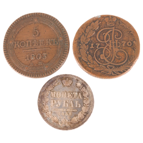 42 - 3 Russian Imperial coins, 1803 5 Kopeks copper, 1770 5 Kopeks Copper, 1858 25 Kopeks silver (3)