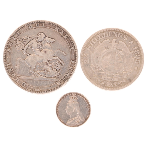 43 - George III, 1818 silver crown, 1893 4d Maundy coin, 1895 South African 2 1/2 shilling coin (3)