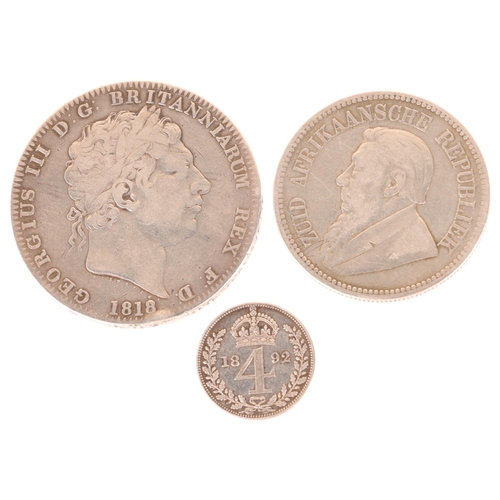 43 - George III, 1818 silver crown, 1893 4d Maundy coin, 1895 South African 2 1/2 shilling coin (3)