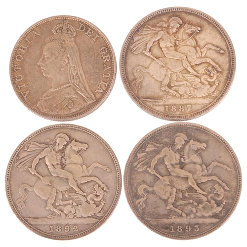 46 - Victoria (1837-1901), 3 silver St George and the Dragon Crowns, 1887, 1892, 1893 and a silver double... 