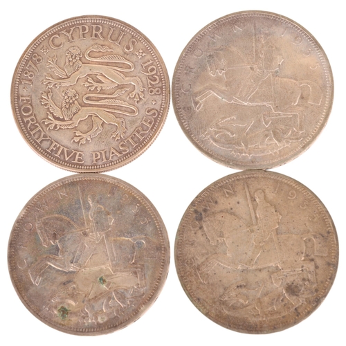 47 - George V (1910-1936), 3 silver St George 1935 Crowns and a 1928 Cyprus 45 Piastres coin (4)