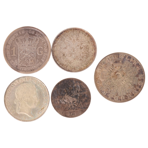 48 - 5 European silver coins, two Ferdinand II 1842 Austrian Florins, 1916 Dutch 1 Gilder, 1913 Italian 1... 