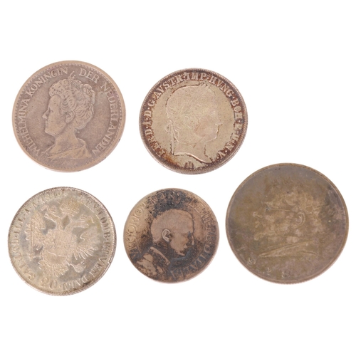 48 - 5 European silver coins, two Ferdinand II 1842 Austrian Florins, 1916 Dutch 1 Gilder, 1913 Italian 1... 