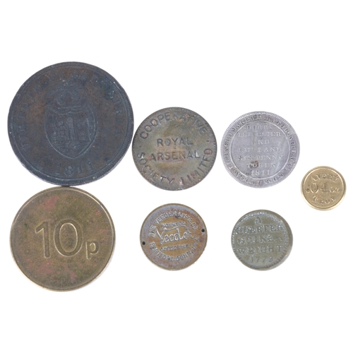 52 - A collection of 19th/20th century tokens and weights, including Ryal Arsenal Co-operative £1, Derby ... 