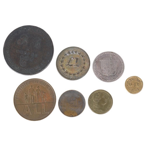 52 - A collection of 19th/20th century tokens and weights, including Ryal Arsenal Co-operative £1, Derby ... 