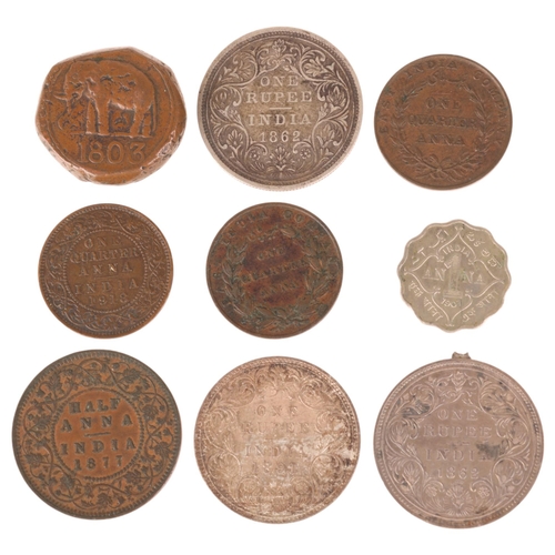 54 - A collection of 18th and early 19th Indian Empire coins and a Ceylon 12 Rix Dollar 1803 coin (9)