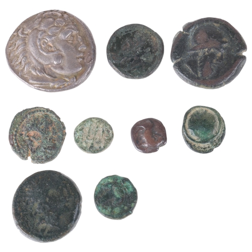 59 - A collection of Ancient Greek coins, including a silver Diobol, and Alexander III 336BC Tetredrachm ... 