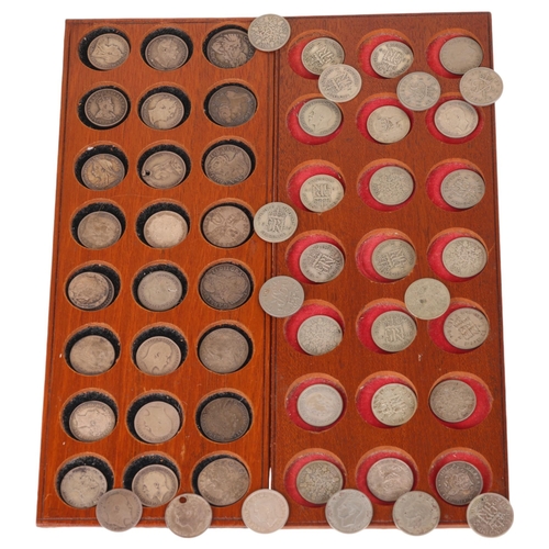 67 - 2 collectors tray of British Silver Sixpences, earliest 1669, latest 1949 (58 coins in total)