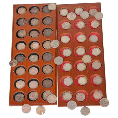 67 - 2 collectors tray of British Silver Sixpences, earliest 1669, latest 1949 (58 coins in total)