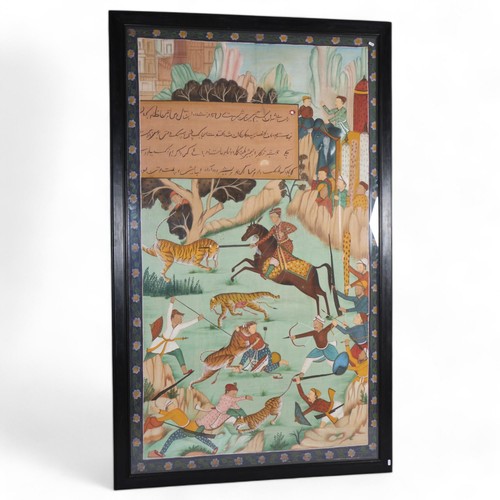 181 - A large scale Indian painting on fabric, depicting tiger hunting scene with text panel, modern frame... 