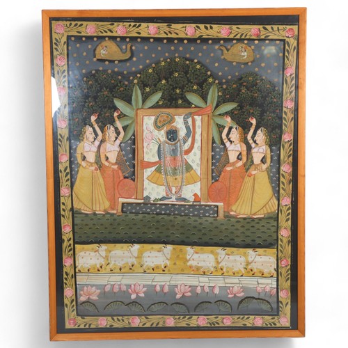 182 - A large scale Indian painting on fabric, depicting figures in a temple garden, modern frame and glaz... 