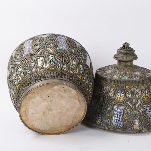 242 - A large Moorish Moroccan ceramic jar and cover, with white metal overlay decoration, height 41cm