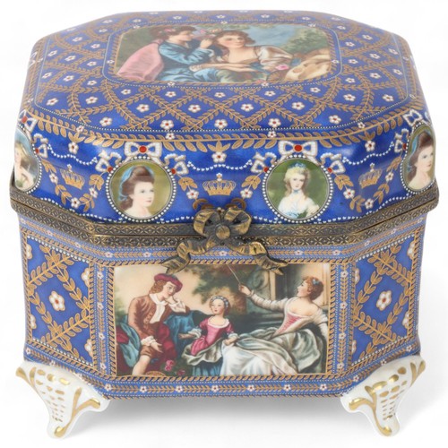 244 - A Continental porcelain box with transfer panels, length 16cm