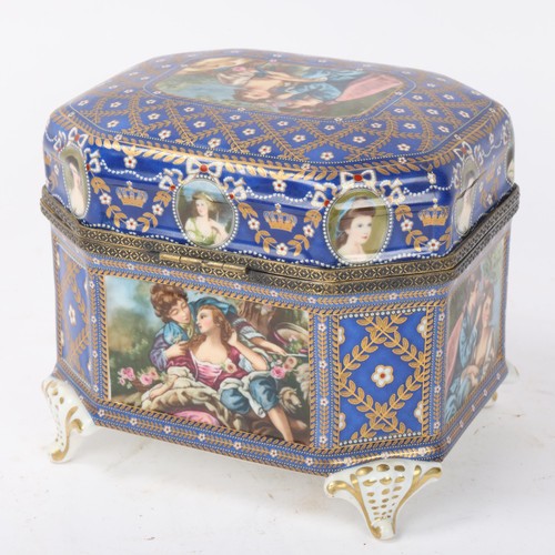 244 - A Continental porcelain box with transfer panels, length 16cm