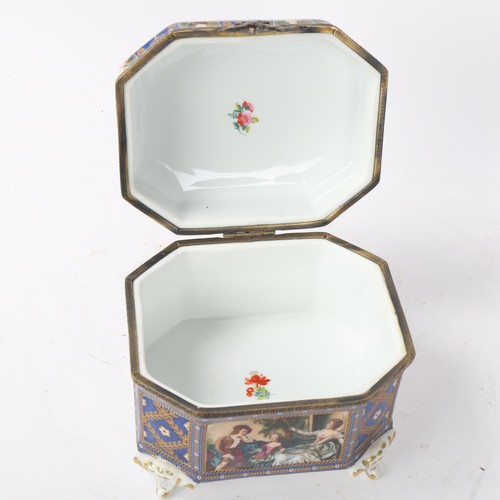 244 - A Continental porcelain box with transfer panels, length 16cm