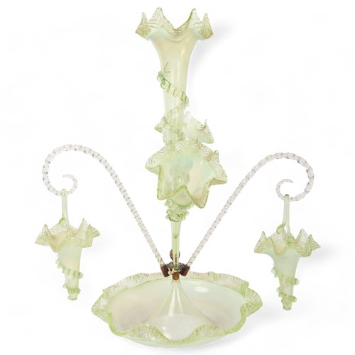 248 - Victorian two-colour pale green/vaseline glass table centre epergne, height 59cm