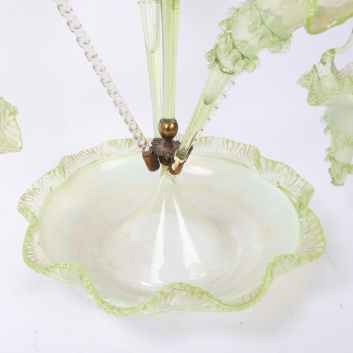 248 - Victorian two-colour pale green/vaseline glass table centre epergne, height 59cm