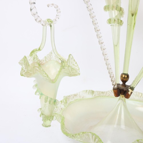 248 - Victorian two-colour pale green/vaseline glass table centre epergne, height 59cm