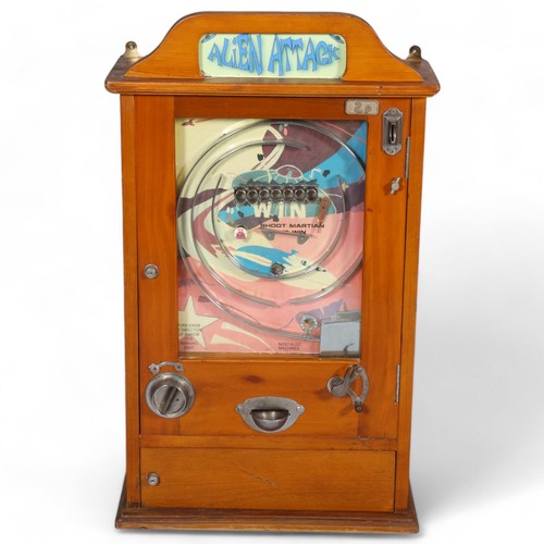 252 - Vintage Alien Attack penny-in-the-slot arcade game, oak case, height 85cm