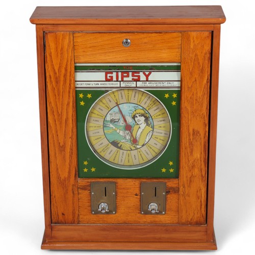 253 - Vintage Gipsy Fortune Teller penny-in-the-slot arcade game, oak case, height 73cm