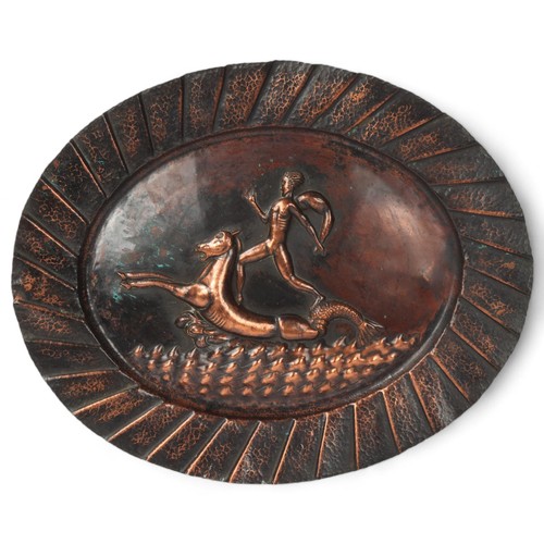 255 - A large Greek embossed copper oval plaque, length 58cm