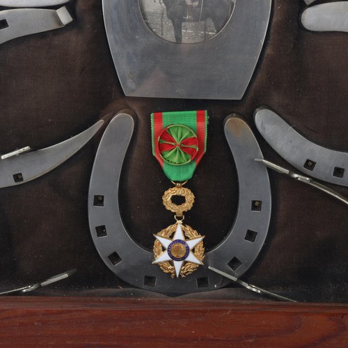 256 - A military cabinet display of horseshoes, medals and spurs, cabinet dimensions 46cm x 46cm