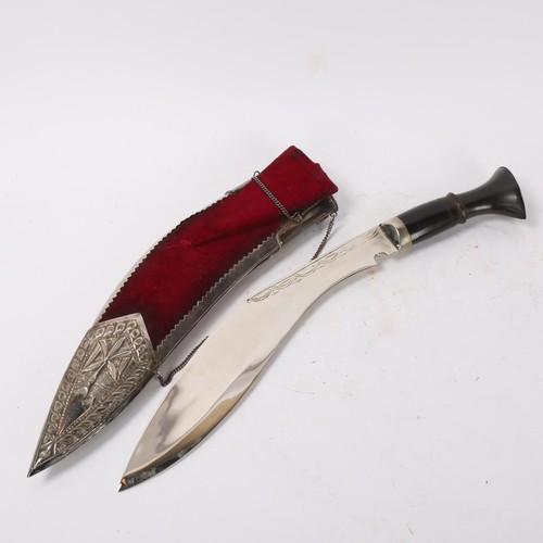 257 - A Nepalese ceremonial kukri knife with horn handle, and unmarked silver-mounted scabbard set with sm... 