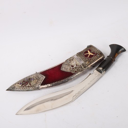 257 - A Nepalese ceremonial kukri knife with horn handle, and unmarked silver-mounted scabbard set with sm... 