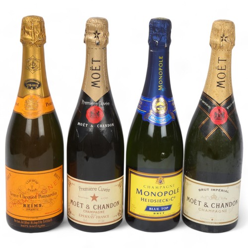 264 - 4 bottles of NV Chanpagne, Veuve Clicquot Ponsardin, Heidsieck & Co Monopole, Moet & Chandon Brut Im... 