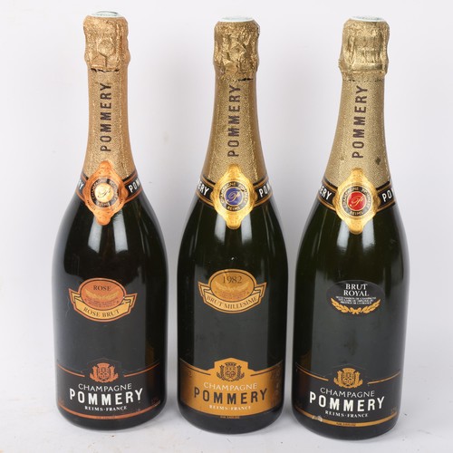 265 - 3 bottles of Pommery Champagne, Brut Millesime vintage 1982, Brut Royal, Rose Brut, in presentation ... 