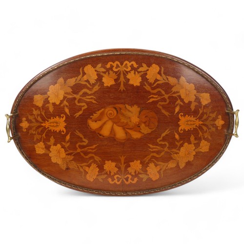 274 - An Edwardian marquetry inlaid oval tea tray, with brass gallery, length 67cm