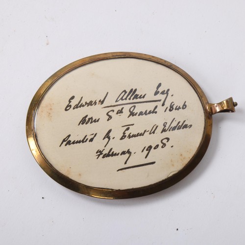 275 - Ernest Widdas, miniature watercolour on ivory, portrait of Edward Allam Esq (born 1846), inscribed v... 