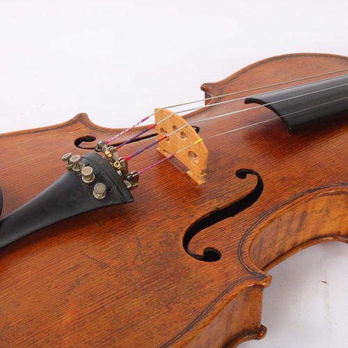 276 - A violin attributed to Hugo Garner, indistinct label inside body, single-piece satinwood back, body ... 