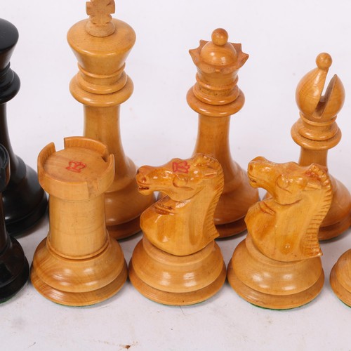 278 - Staunton pattern boxwood and ebonised chess set, impressed red coronet markings, King height 7.5cm