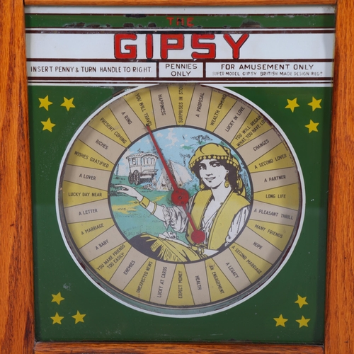 253 - Vintage Gipsy Fortune Teller penny-in-the-slot arcade game, oak case, height 73cm